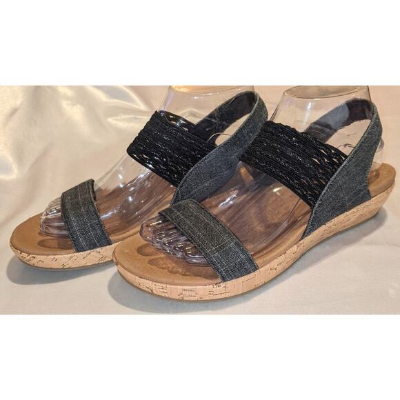 Skechers Womens Black Luxe Foam Brie Sandals Cork Wedge Denim Strap Casual Sz 7 - Picture 1 of 10